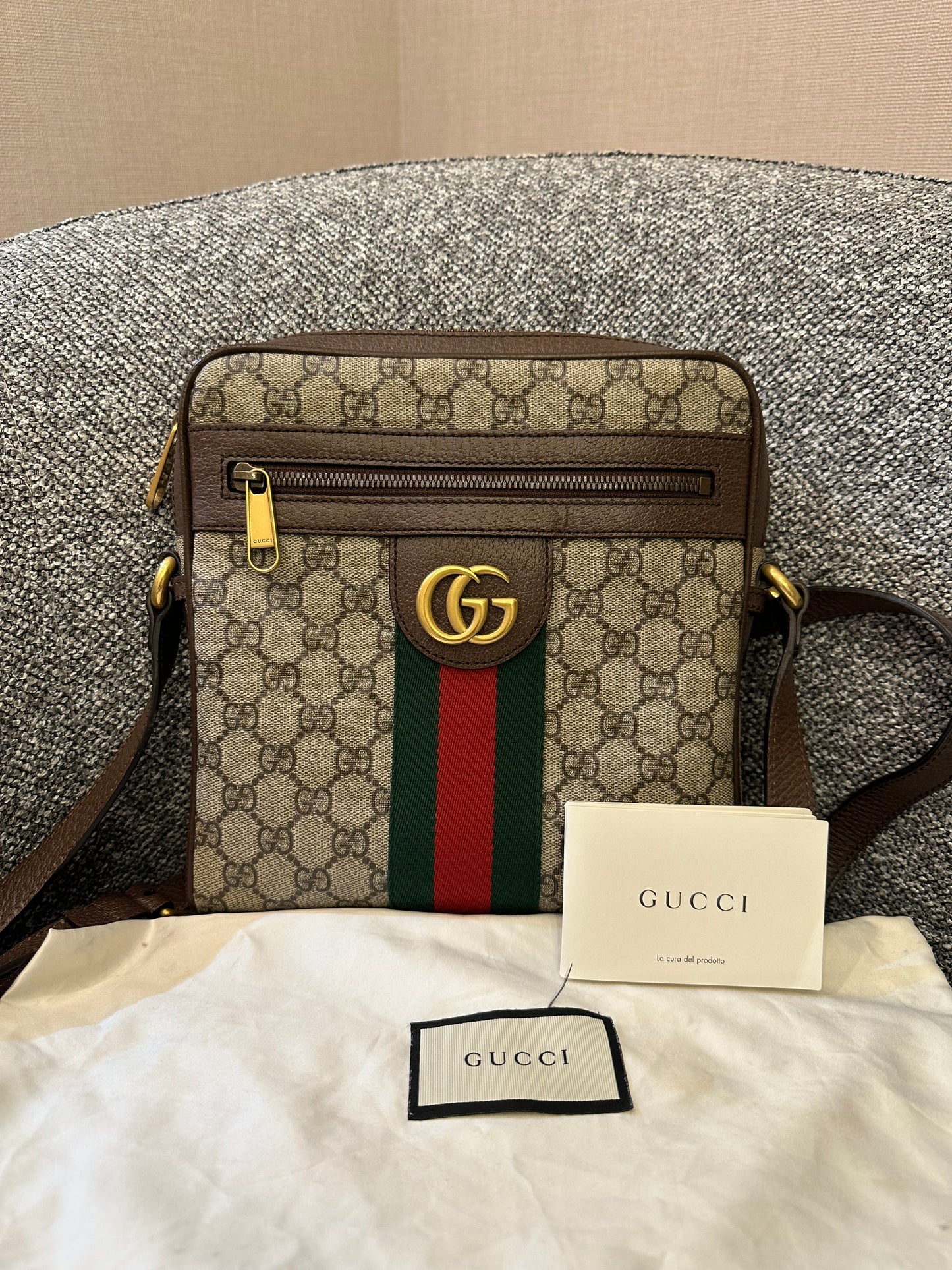 Gucci Ophidia GG Small Messenger Bag in Beige Supreme Canvas with Brown Leather Trim