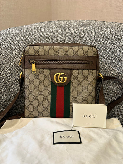Gucci Ophidia GG Small Messenger Bag in Beige Supreme Canvas with Brown Leather Trim