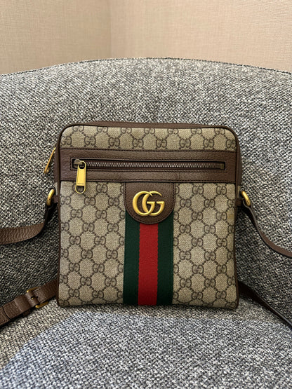 Gucci Ophidia GG Small Messenger Bag in Beige Supreme Canvas with Brown Leather Trim