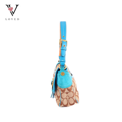 Coach Signature Shoulder Bag With Teal Suede Trim