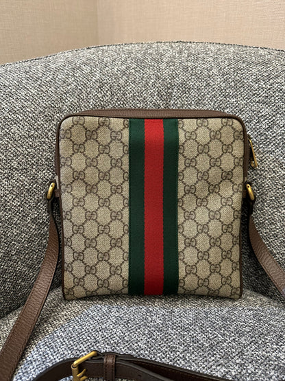 Gucci Ophidia GG Small Messenger Bag in Beige Supreme Canvas with Brown Leather Trim