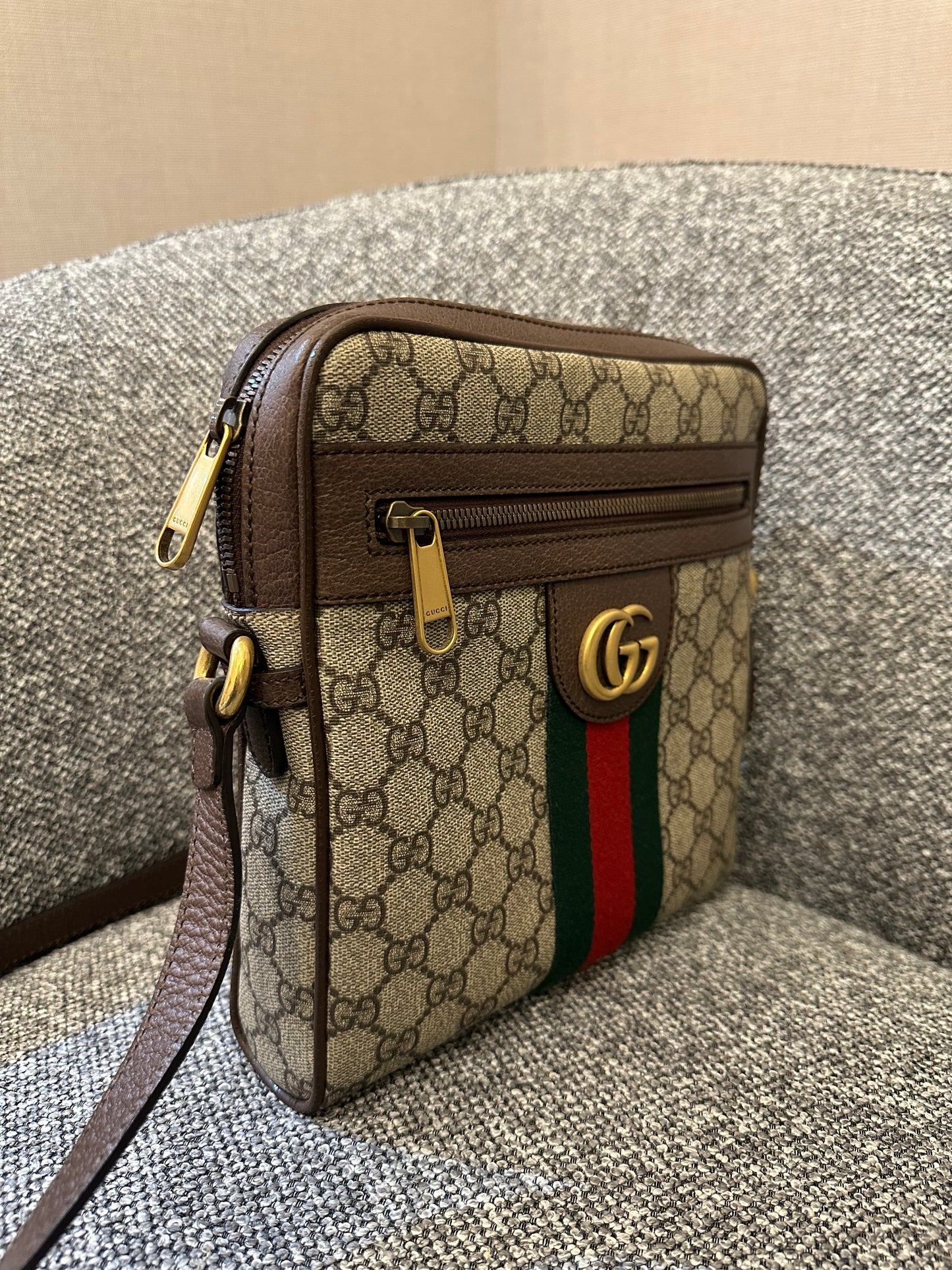 Gucci Ophidia GG Small Messenger Bag in Beige Supreme Canvas with Brown Leather Trim
