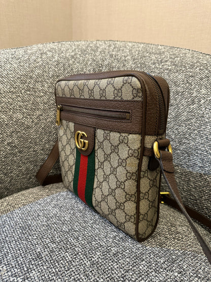 Gucci Ophidia GG Small Messenger Bag in Beige Supreme Canvas with Brown Leather Trim