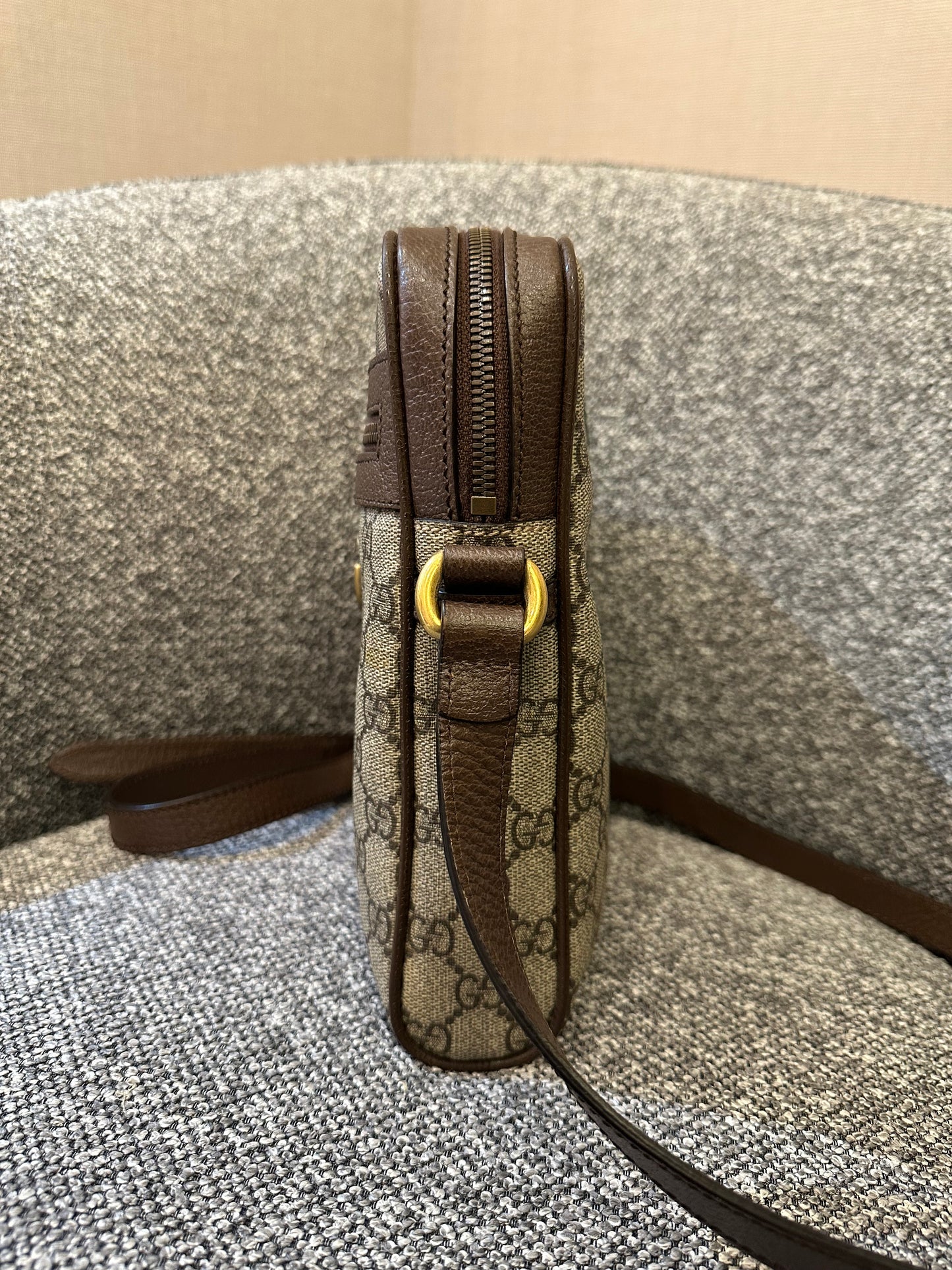 Gucci Ophidia GG Small Messenger Bag in Beige Supreme Canvas with Brown Leather Trim