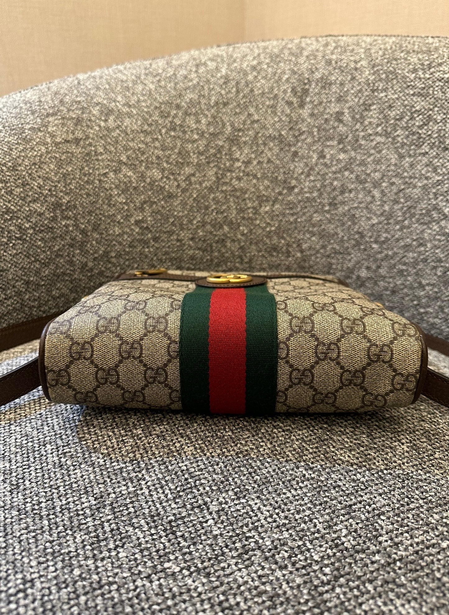 Gucci Ophidia GG Small Messenger Bag in Beige Supreme Canvas with Brown Leather Trim