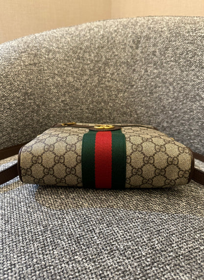 Gucci Ophidia GG Small Messenger Bag in Beige Supreme Canvas with Brown Leather Trim