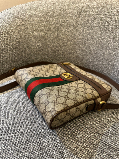 Gucci Ophidia GG Small Messenger Bag in Beige Supreme Canvas with Brown Leather Trim