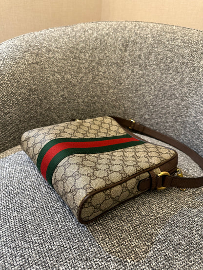 Gucci Ophidia GG Small Messenger Bag in Beige Supreme Canvas with Brown Leather Trim