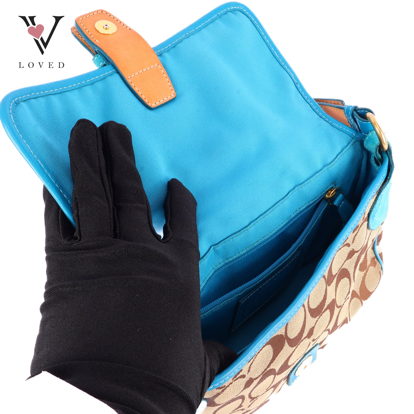 Coach Signature Shoulder Bag With Teal Suede Trim