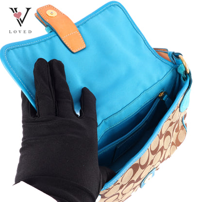 Coach Signature Shoulder Bag With Teal Suede Trim