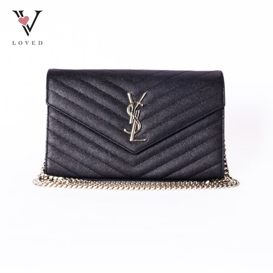 Black Cassandre Envelope Chain Wallet In Grain De Poudre Leather