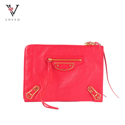 Balenciaga Metallic Edge Flat Clutch Bag In Red Grained Leather
