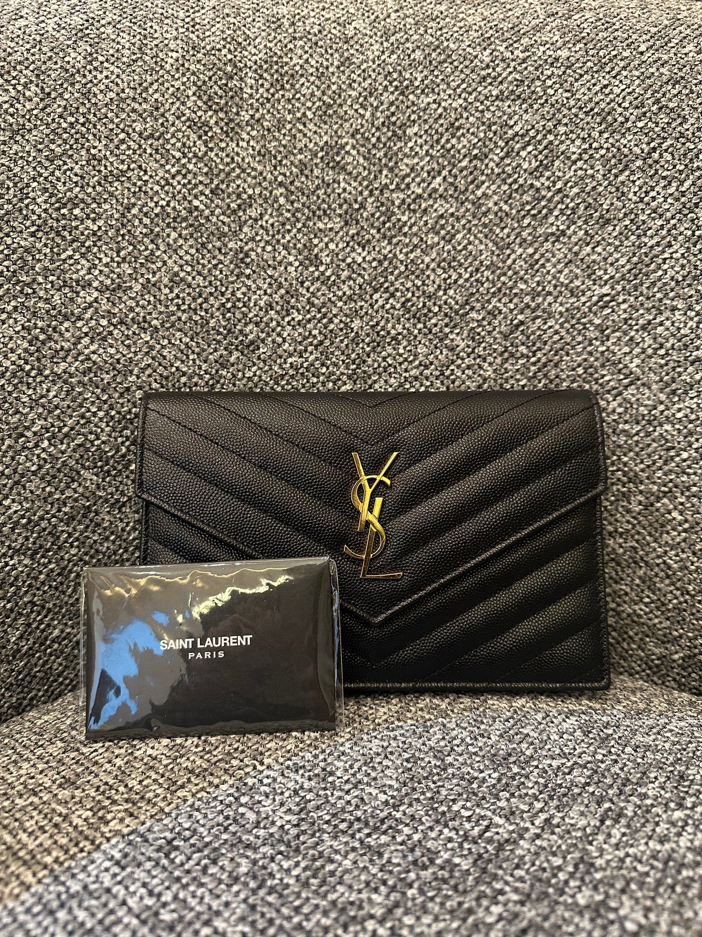 Yves Saint Laurent Cassandre Wallet on Chain in Black Chevron-Quilted Leather with Gold Hardware