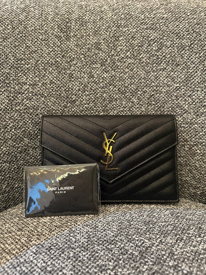 Yves Saint Laurent Cassandre Wallet on Chain in Black Chevron-Quilted Leather with Gold Hardware