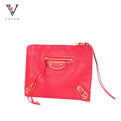 Balenciaga Metallic Edge Flat Clutch Bag In Red Grained Leather