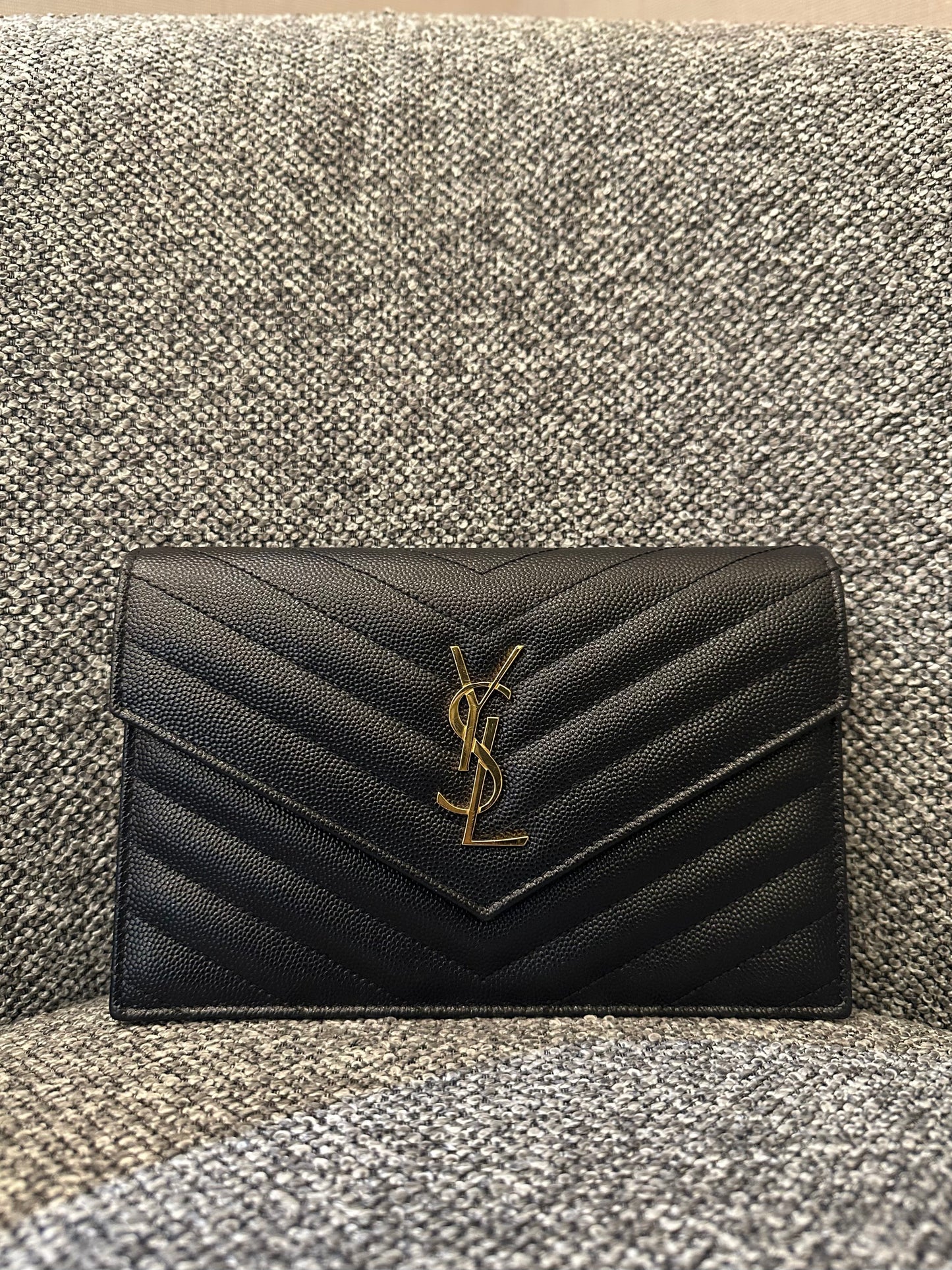 Yves Saint Laurent Cassandre Wallet on Chain in Black Chevron-Quilted Leather with Gold Hardware