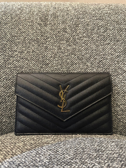 Yves Saint Laurent Cassandre Wallet on Chain in Black Chevron-Quilted Leather with Gold Hardware