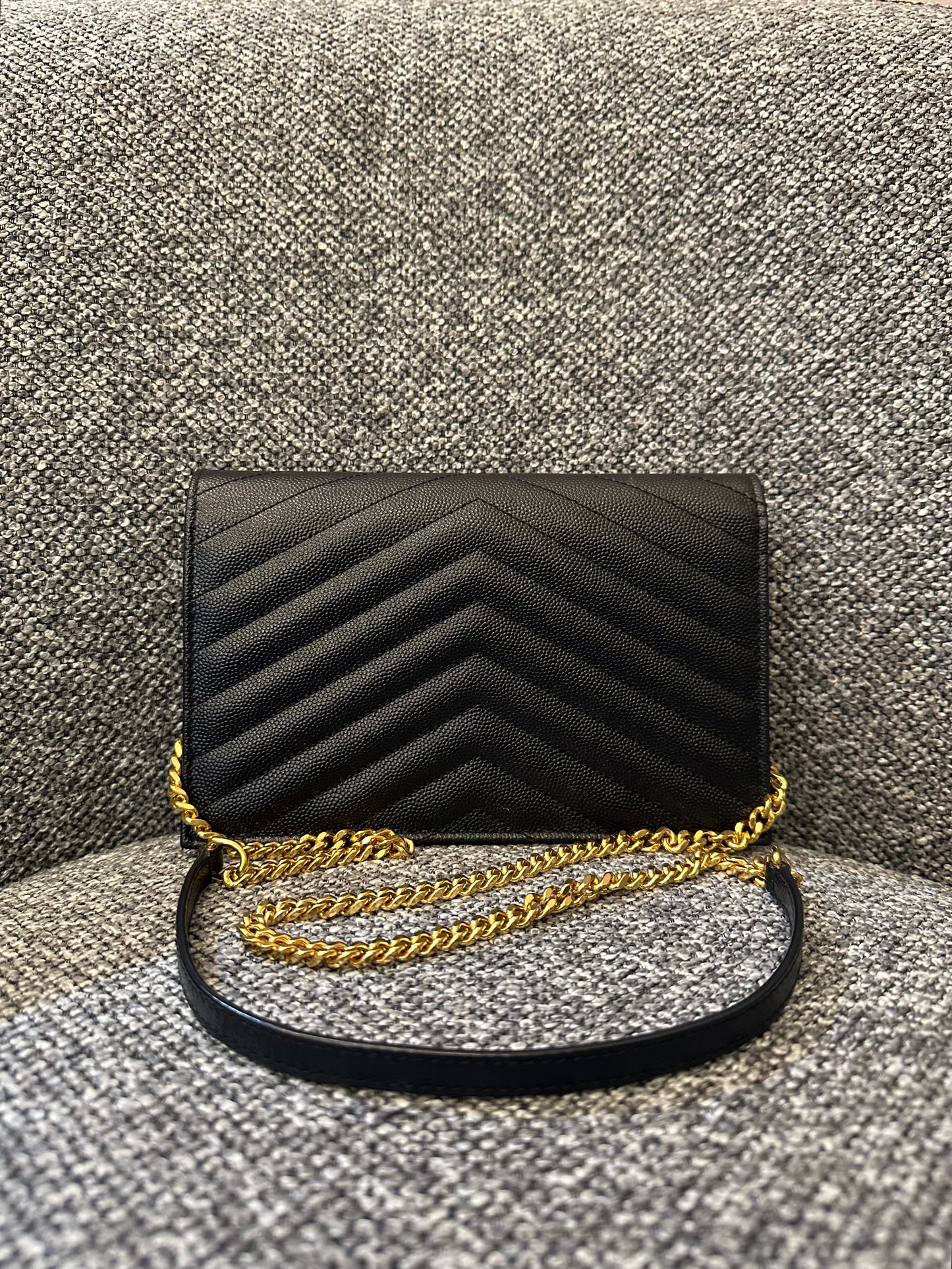 Yves Saint Laurent Cassandre Wallet on Chain in Black Chevron-Quilted Leather with Gold Hardware