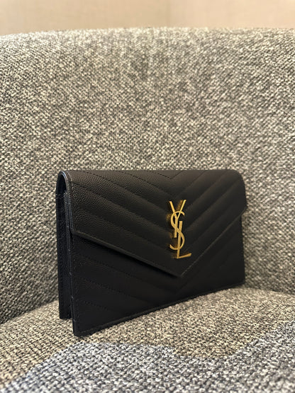 Yves Saint Laurent Cassandre Wallet on Chain in Black Chevron-Quilted Leather with Gold Hardware