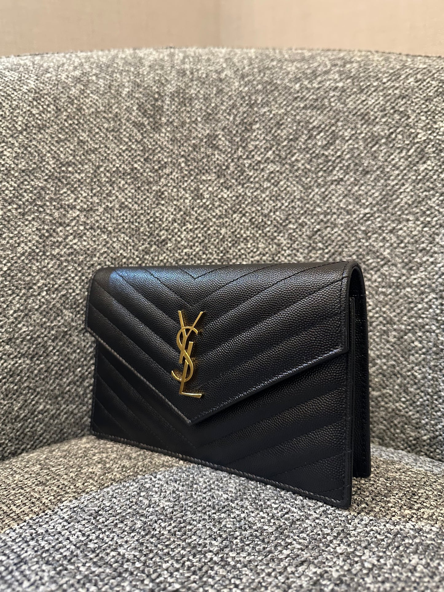 Yves Saint Laurent Cassandre Wallet on Chain in Black Chevron-Quilted Leather with Gold Hardware