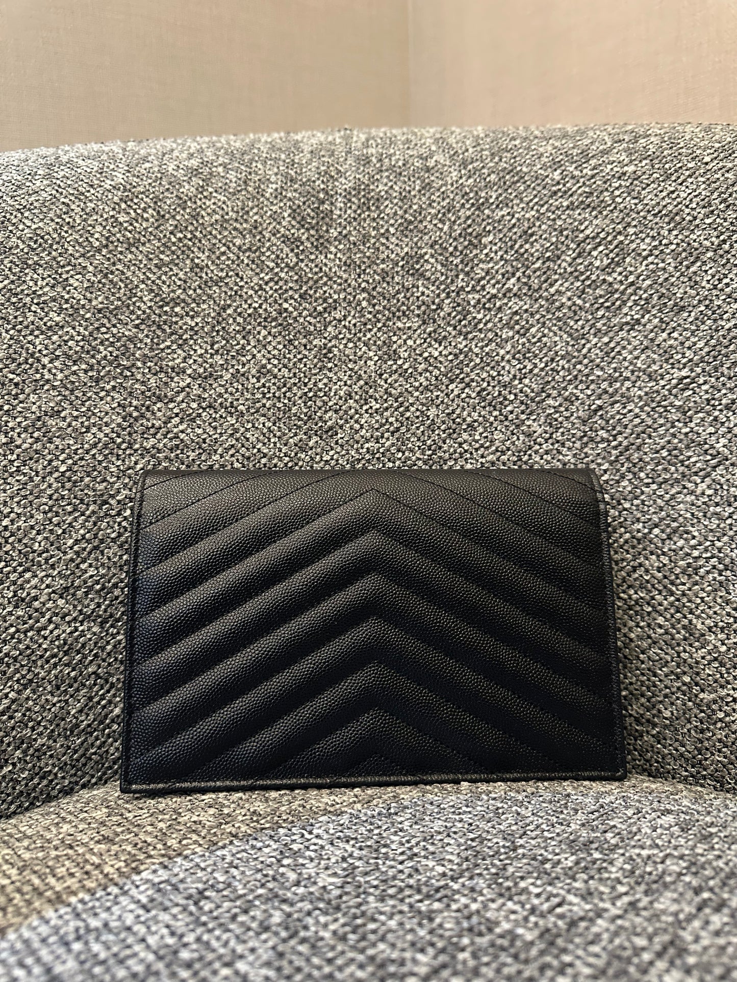 Yves Saint Laurent Cassandre Wallet on Chain in Black Chevron-Quilted Leather with Gold Hardware