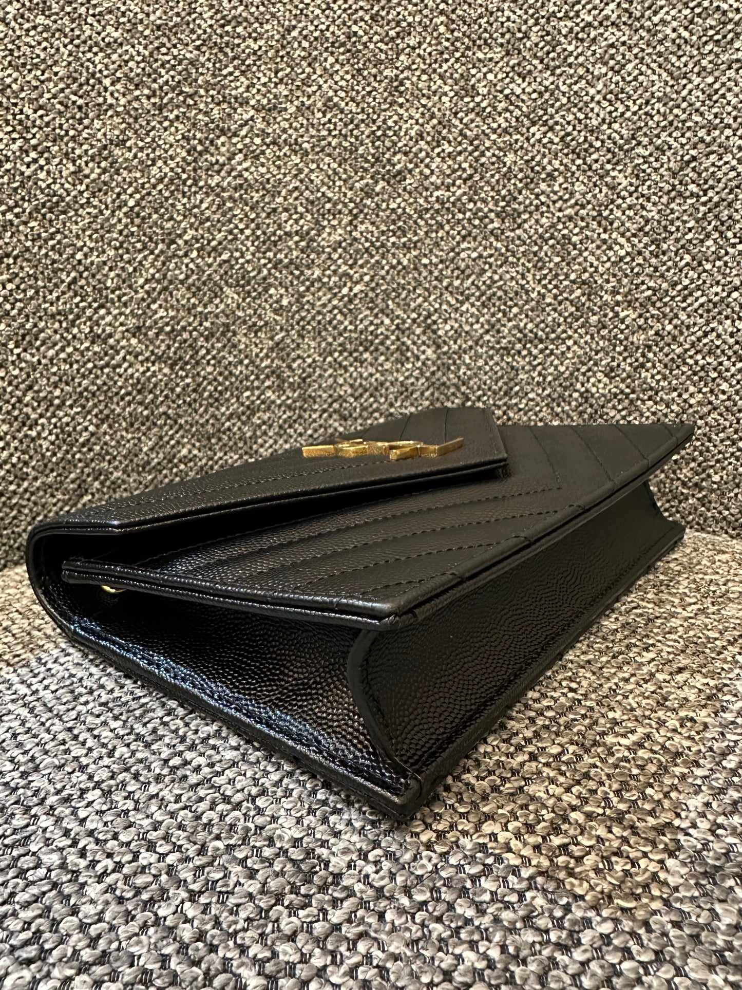 Yves Saint Laurent Cassandre Wallet on Chain in Black Chevron-Quilted Leather with Gold Hardware