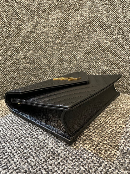 Yves Saint Laurent Cassandre Wallet on Chain in Black Chevron-Quilted Leather with Gold Hardware