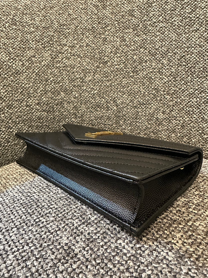 Yves Saint Laurent Cassandre Wallet on Chain in Black Chevron-Quilted Leather with Gold Hardware