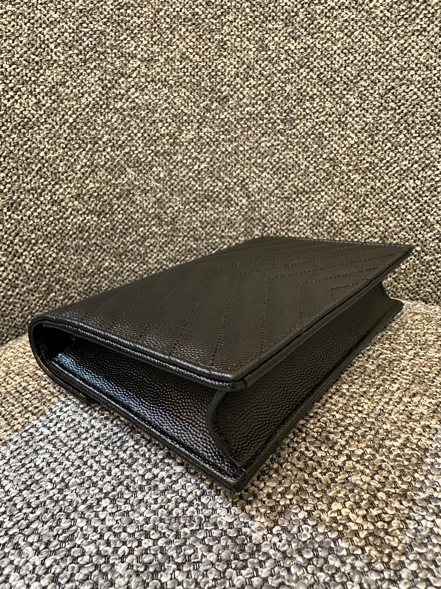 Yves Saint Laurent Cassandre Wallet on Chain in Black Chevron-Quilted Leather with Gold Hardware