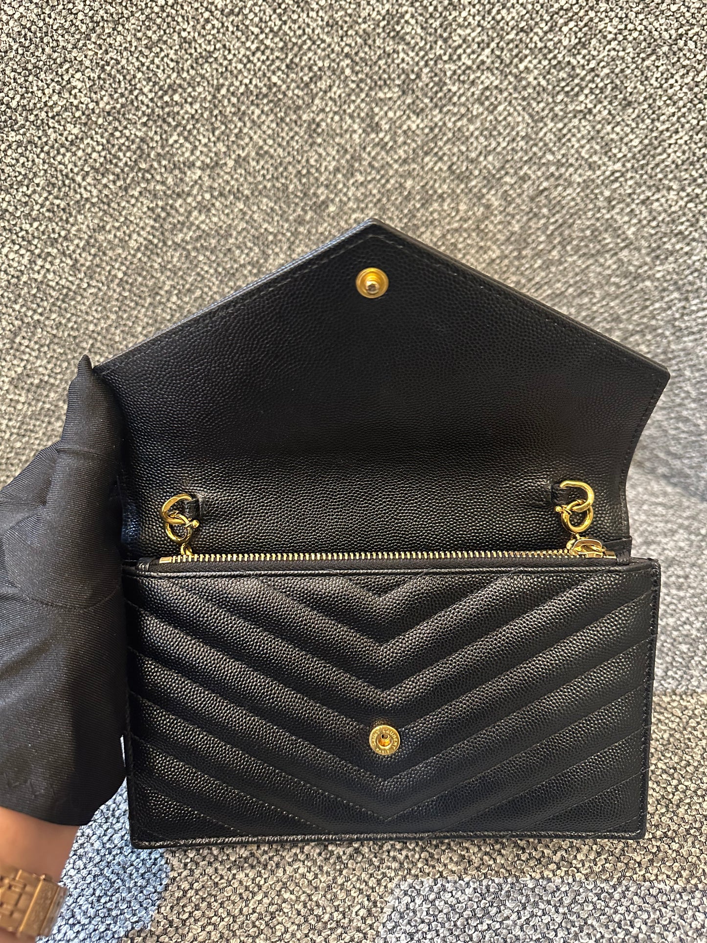 Yves Saint Laurent Cassandre Wallet on Chain in Black Chevron-Quilted Leather with Gold Hardware