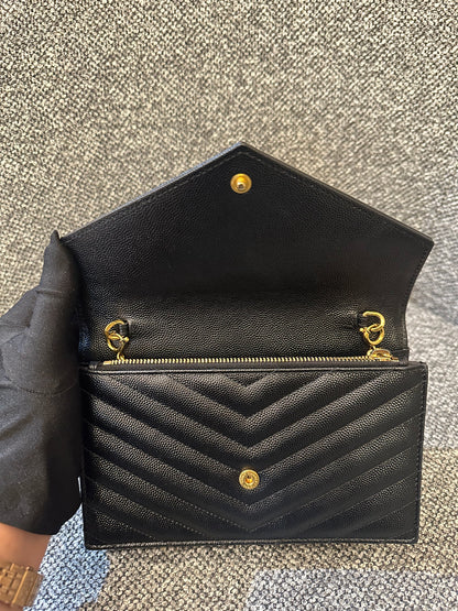 Yves Saint Laurent Cassandre Wallet on Chain in Black Chevron-Quilted Leather with Gold Hardware