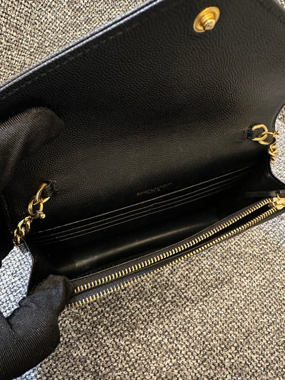 Yves Saint Laurent Cassandre Wallet on Chain in Black Chevron-Quilted Leather with Gold Hardware