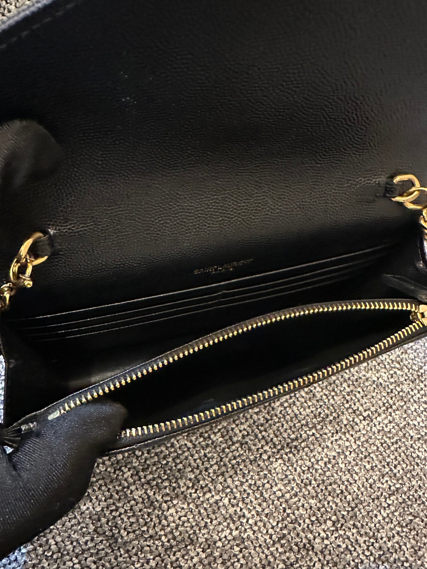 Yves Saint Laurent Cassandre Wallet on Chain in Black Chevron-Quilted Leather with Gold Hardware