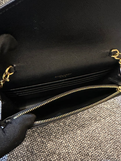 Yves Saint Laurent Cassandre Wallet on Chain in Black Chevron-Quilted Leather with Gold Hardware