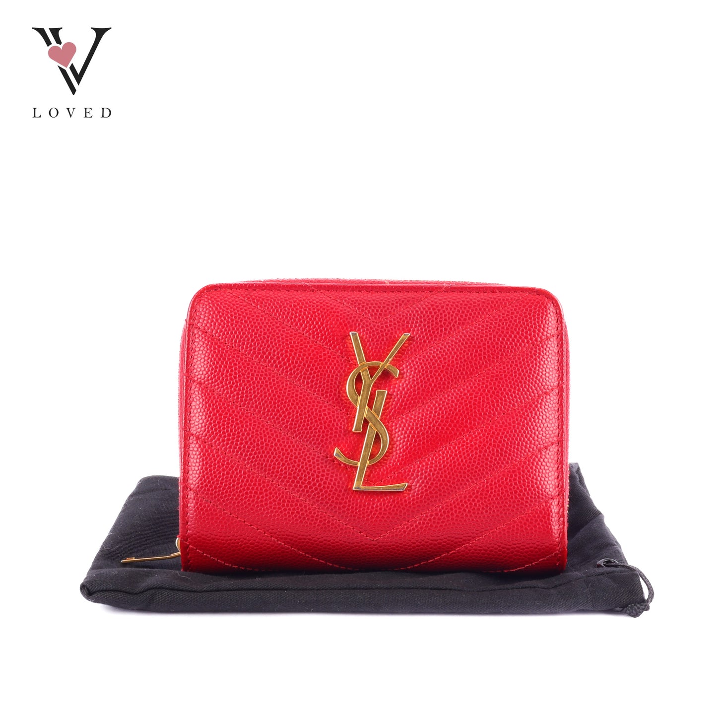 Yves Saint Laurent Cassandre Matelasse Compact Zip-Around Wallet In Red Grain De Poudre Leather