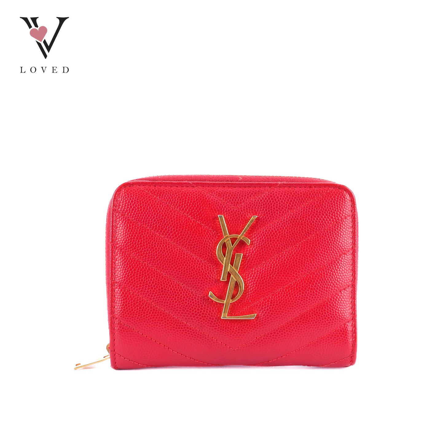 Yves Saint Laurent Cassandre Matelasse Compact Zip-Around Wallet In Red Grain De Poudre Leather