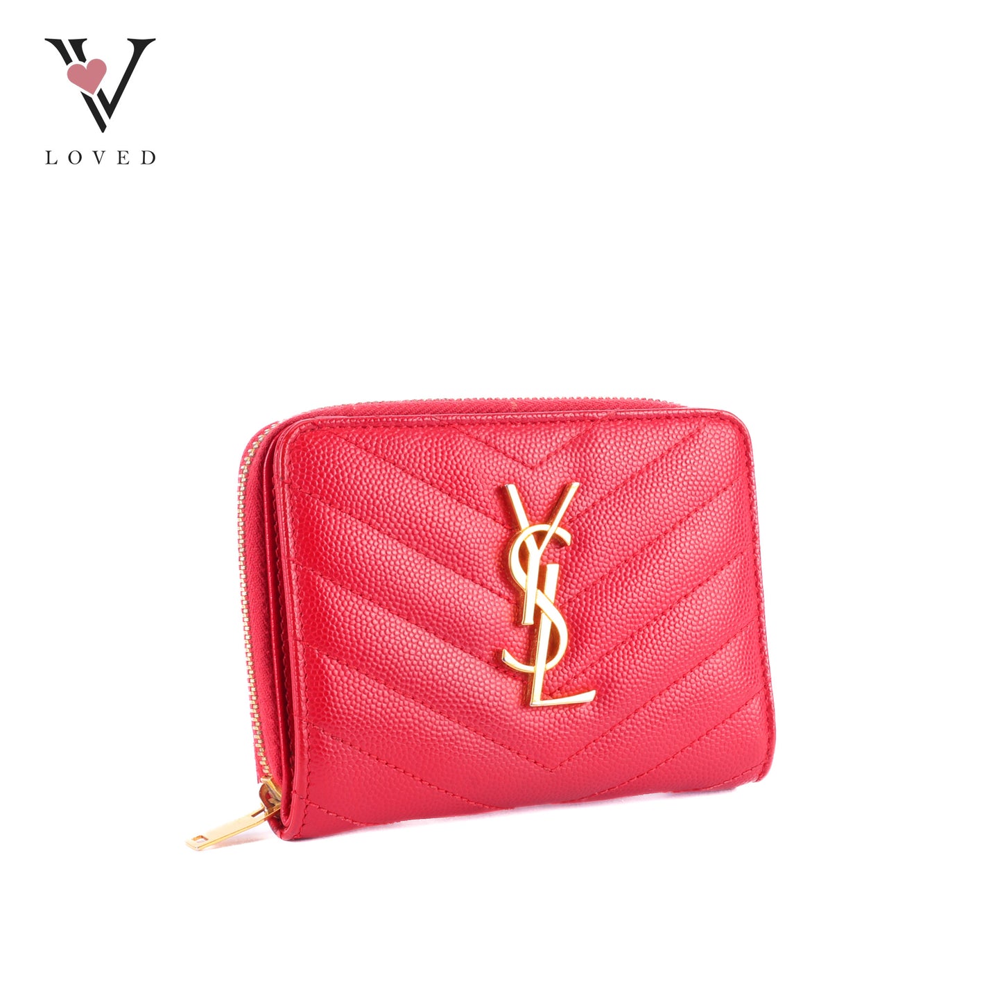 Yves Saint Laurent Cassandre Matelasse Compact Zip-Around Wallet In Red Grain De Poudre Leather
