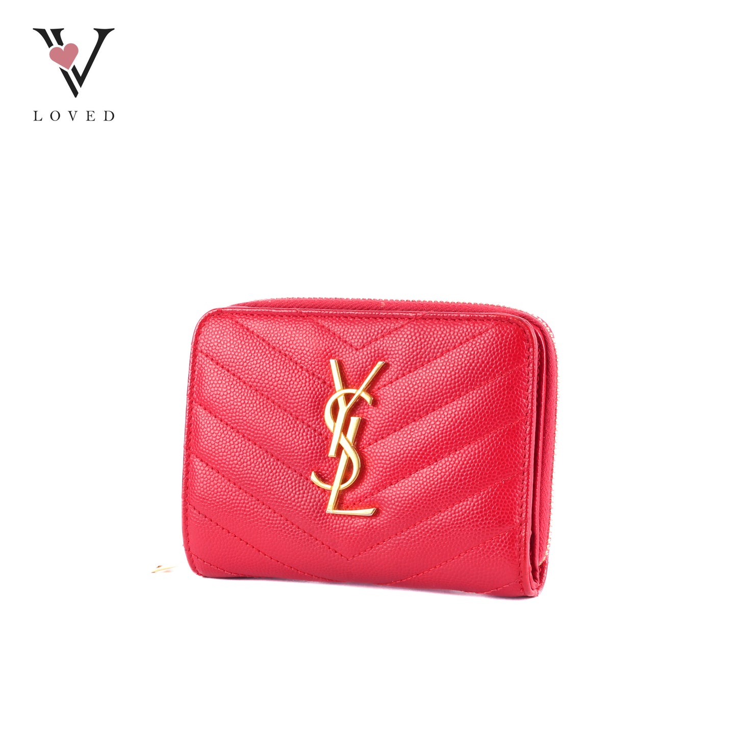 Yves Saint Laurent Cassandre Matelasse Compact Zip-Around Wallet In Red Grain De Poudre Leather