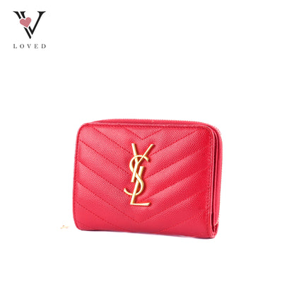 Yves Saint Laurent Cassandre Matelasse Compact Zip-Around Wallet In Red Grain De Poudre Leather