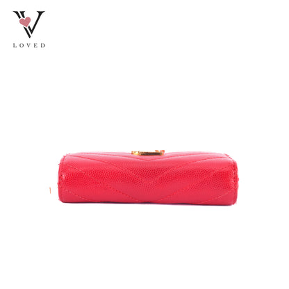 Yves Saint Laurent Cassandre Matelasse Compact Zip-Around Wallet In Red Grain De Poudre Leather