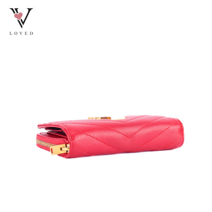 Yves Saint Laurent Cassandre Matelasse Compact Zip-Around Wallet In Red Grain De Poudre Leather