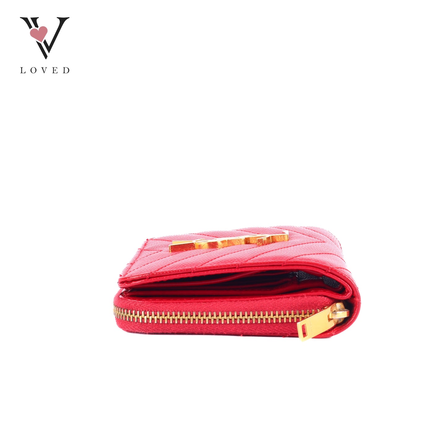 Yves Saint Laurent Cassandre Matelasse Compact Zip-Around Wallet In Red Grain De Poudre Leather