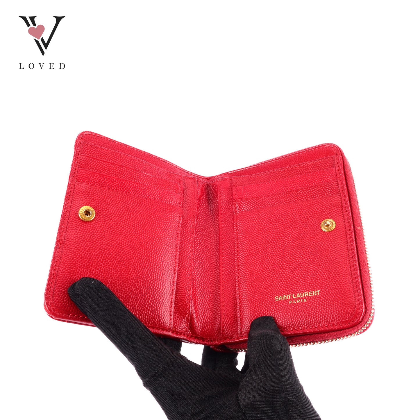 Yves Saint Laurent Cassandre Matelasse Compact Zip-Around Wallet In Red Grain De Poudre Leather