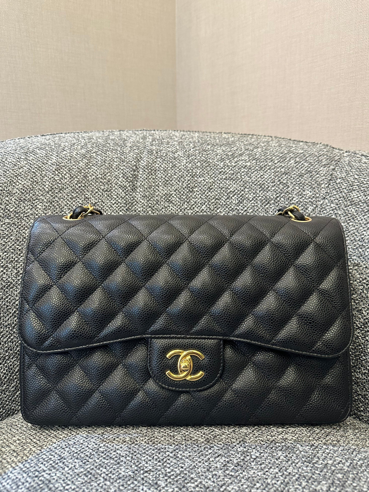 Chanel Classic Double Flap Jumbo Bag in Black Caviar Leather (Series 26)