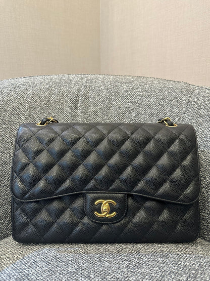 Chanel Classic Double Flap Jumbo Bag in Black Caviar Leather (Series 26)