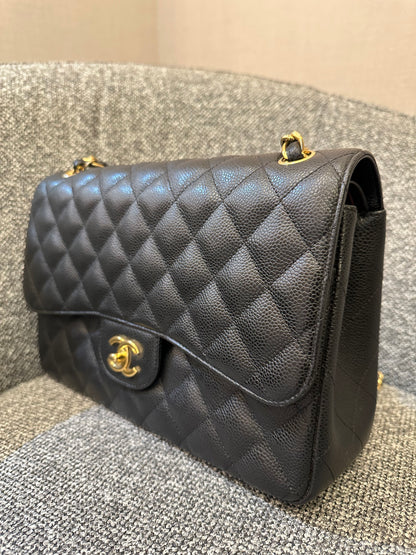 Chanel Classic Double Flap Jumbo Bag in Black Caviar Leather (Series 26)