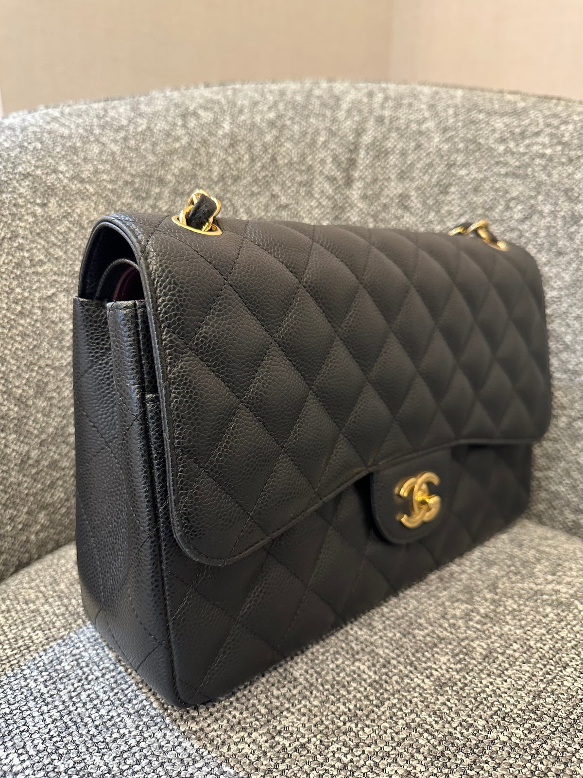 Chanel Classic Double Flap Jumbo Bag in Black Caviar Leather (Series 26)