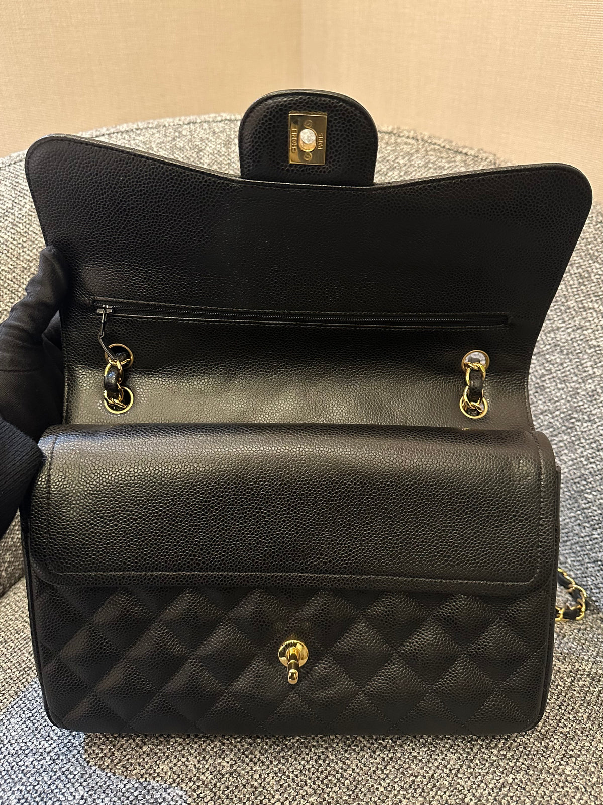 Chanel Classic Double Flap Jumbo Bag in Black Caviar Leather (Series 26)