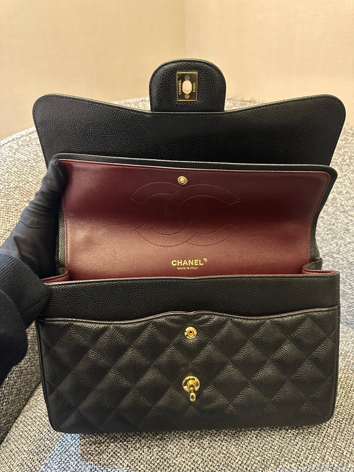 Chanel Classic Double Flap Jumbo Bag in Black Caviar Leather (Series 26)