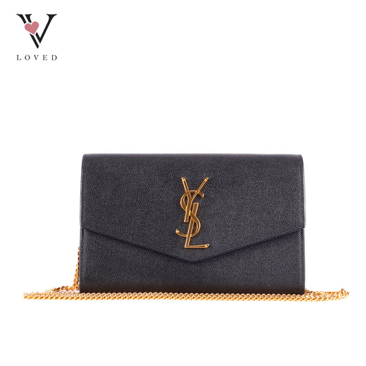 Yves Saint Laurent Uptown Chain Wallet In Grain De Poudre Embossed Leather